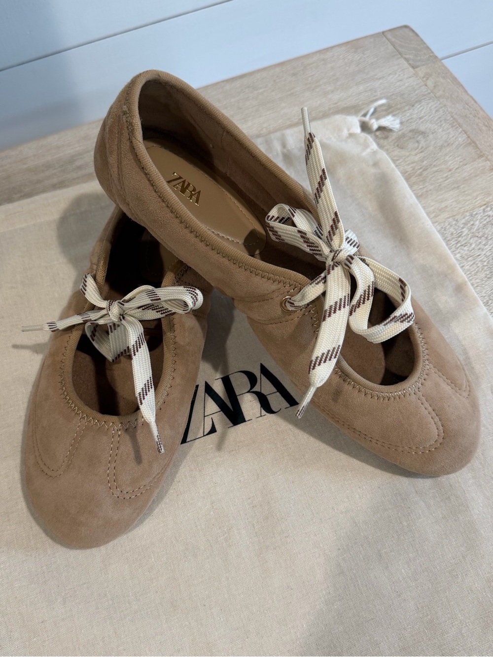 ZARA Taupe Suede Mary Jane Flats with Striped Ribbon